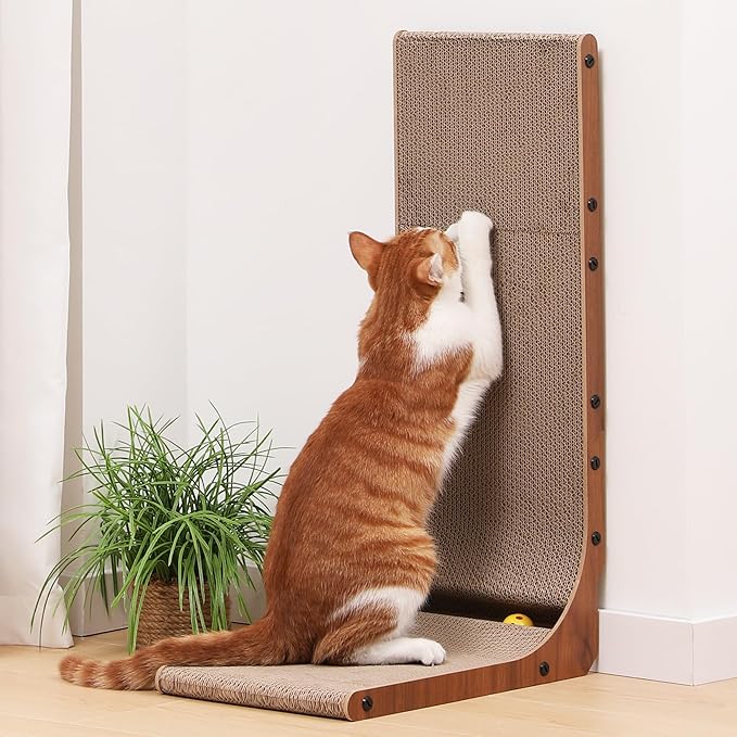 FUKUMARU Cat Scratcher, 26.8 Inch Cat Scratch Pad for Indoor Cats, L Shaped Cardboard Vertical Cats Scratching Board with Ball Toy, Walnut Color, 1 Pack-PawvioPets