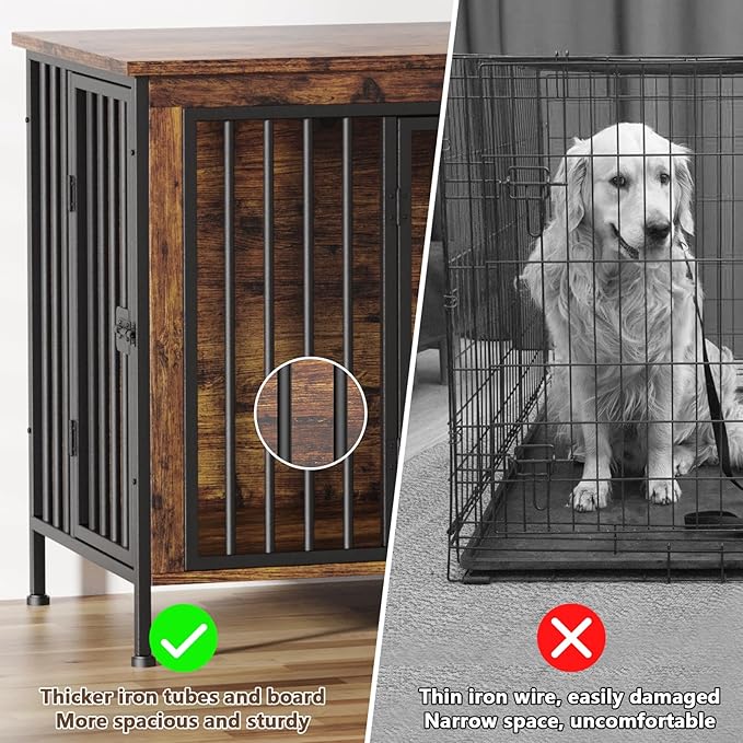 EasyCom 63" Dog Cage Furniture for 2 Pets with Divider, XL Wooden Double Dog Crate Furniture TV Stand for Mideum Breed, Durable and Sturdy-PawvioPets