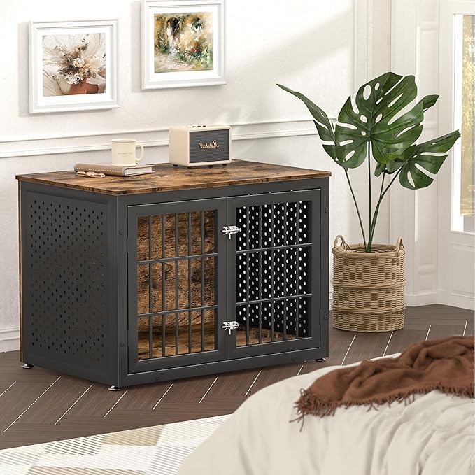 38" Heavy Duty Dog Crate Furniture for Large and Medium Dogs,Wooden Metal Kennel for High Anxiety Dogs, Chew Proof Pet Cage Indoor, Decorative Dog Kennel End Table-PawvioPets