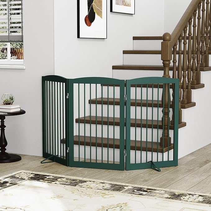 Freestanding Pet Gate for Dogs, Foldable Wooden Dog Gate for House Indoor, Step Over Pet Puppy Safety Fence for Stair, Doorway,Hall, Support Feet Included,3 Panels 32",Green-PawvioPets