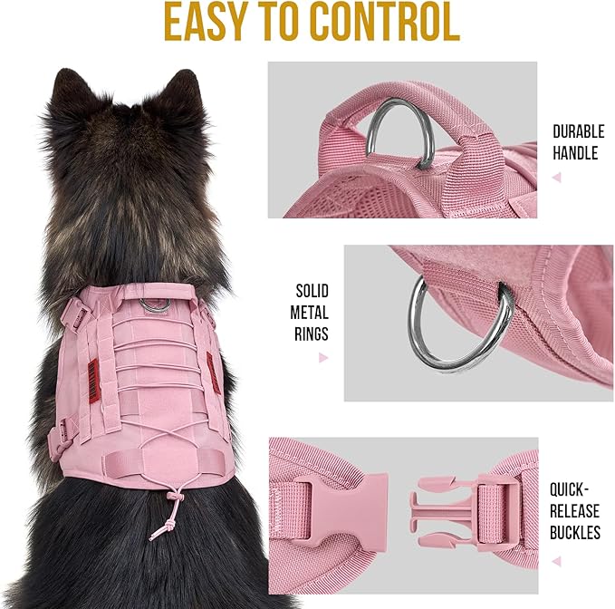 OneTigris Pink Dog Harness Leash Collar Set,Adjustable Dog Vest Harness for Walking Hiking Training(Medium)-PawvioPets