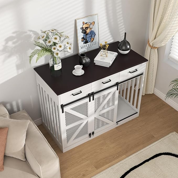 48'' Dog Crate Furniture with Divider&Storage Drawers, Wooden Double Dog Kennel Furniture End Table with Sliding Barn Doors, White Double Dog Crate TV Stand-PawvioPets