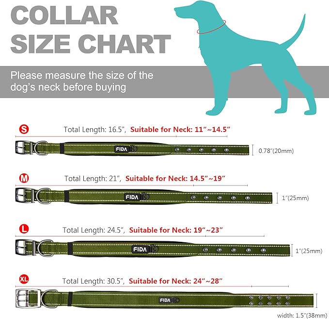 Fida Heavy Duty Dog Collar for Medium Dogs, Ultra Comfortable Soft Neoprene Padded, Adjustable Reflective Nylon Pet Collar with Durable Metal Belt Buckle for Medium Breeds (M, Green)-PawvioPets