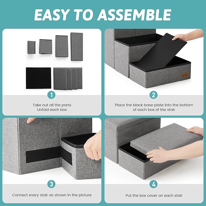 Dog Stairs with Storage, 4-Step Wider Sturdy Dog Steps for Small/Medium/Large Dogs and Older Cats, Folding Doggie Ramp for Bed/Couch/Car Hold Up to 180 lbs (22" H, Grey)-PawvioPets