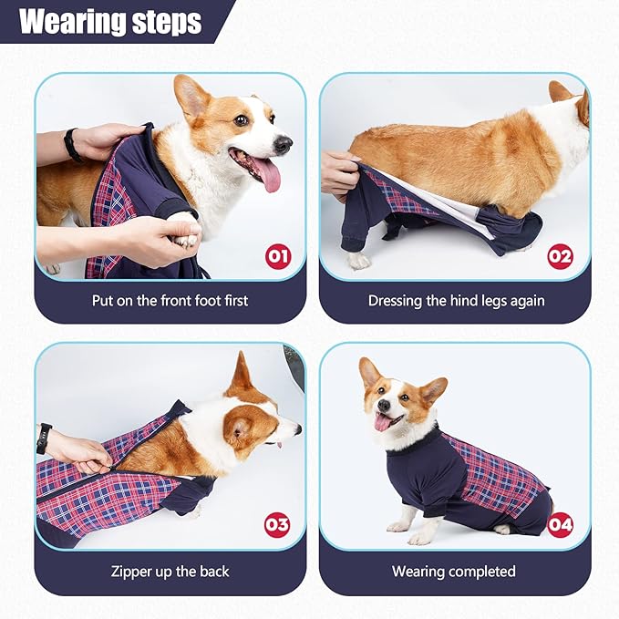 Dog Recovery Suit, Abdominal Wound After Surgery Wear, Anti Licking Bodysuit with Zipper, E-Collar & Cone Alternatives, Plaid Dog Spay Surgical Onesie Prevent Shedding(2XL, Red)-PawvioPets
