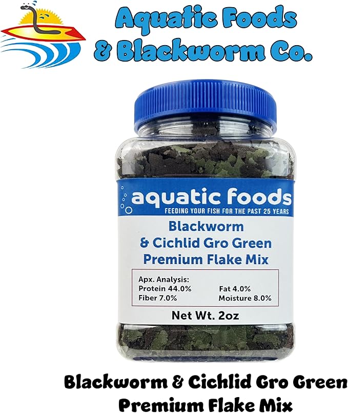 Aquatic Foods Inc. California Blackworm & Cichlid Green GRO Premium Flakes for Discus, Cichlids All Community Tropical Fish Also Pellet Mix, Wafer Mix Included…2oz-PawvioPets