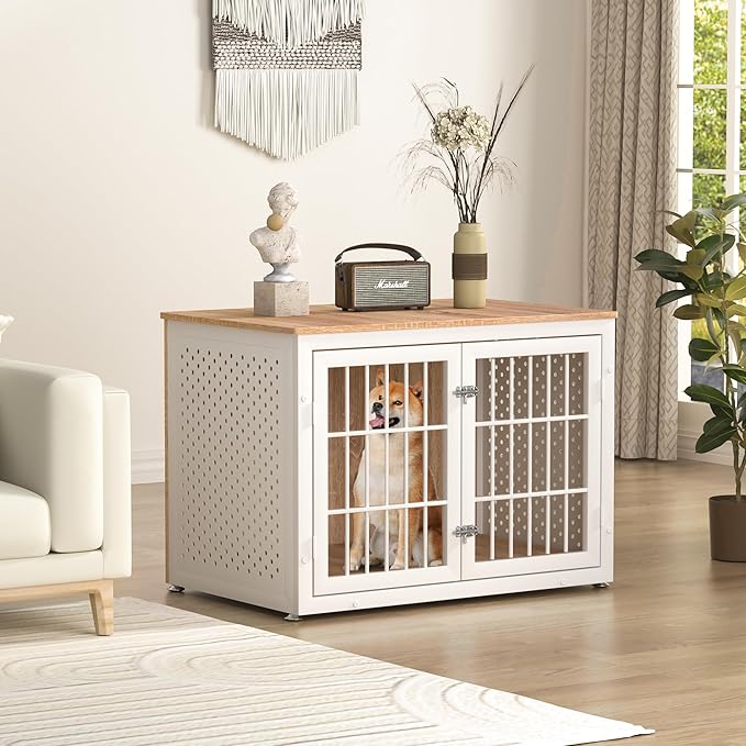 38" Heavy Duty Dog Crate Furniture for Large and Medium Dogs,Wooden Metal Kennel for High Anxiety Dogs, Chew Proof Pet Cage Indoor, Decorative Dog Kennel End Table, White-PawvioPets