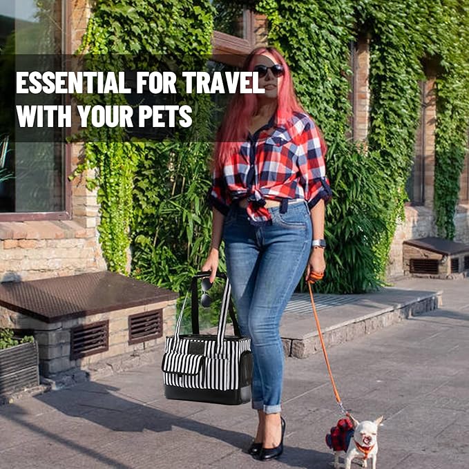 Cat Carrier, Dog Carrier, Pet Carrier, Foldable Waterproof Premium PU Leather Oxford Cloth Dog Purse, Portable Bag Carrier for Small to Medium Cat and Small Dog - Black White Stripes New-PawvioPets