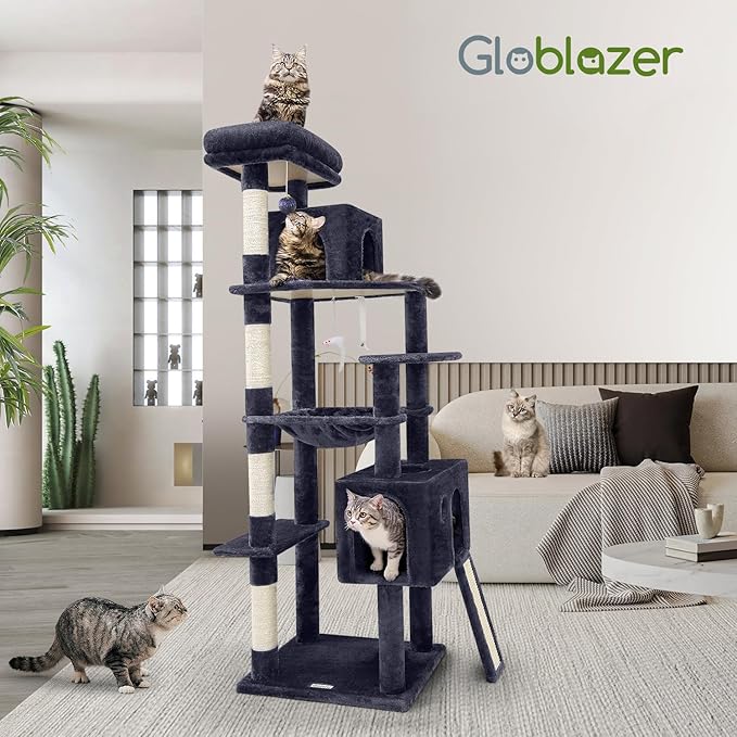Globlazer Heavy Duty Cat Tree, 70 inch Sturdy Cat Tree for Indoor Cats Extra Large Cat Tower with Scratching Post, Hammock, Cat Condo for Adult Cats Kittens, F70 Pro, Dark Grey-PawvioPets