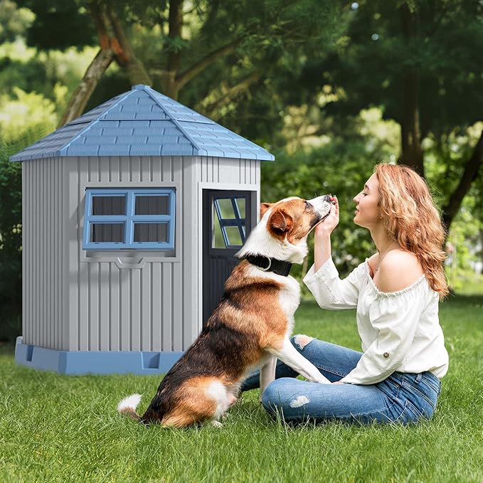 DRATO Dog House Indoor Outdoor Durable Large Dog Shelter with Outside Dog Kennel with Window and Elevated Floor for Small Medium Dogs (Blue, by)-PawvioPets