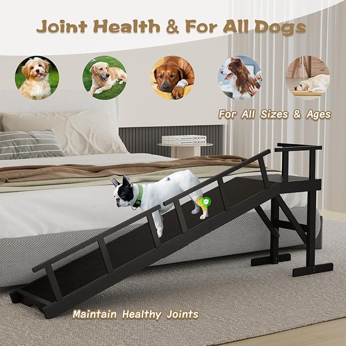 73" Dog Ramp for Bed, Pet Ramp with Removable Side Rail and Non-Slip Surface, Pet Ramp for Small & Large & Senior Dogs with Rest Platform and DIY Glow Strips,Dog Stairs for Couch, Black-PawvioPets