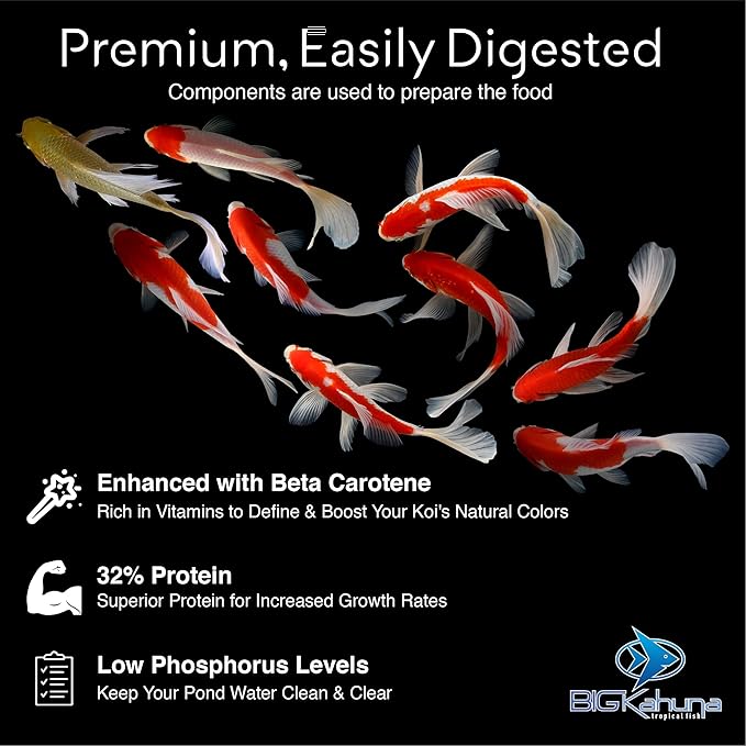 Big Kahuna Koi Fish Food- 45lbs Food – Made in The USA - Floating Pellets – 3/16" - 1/4" Pellet Size – 32% Protein Fish Food – Rich in Nutrients-PawvioPets