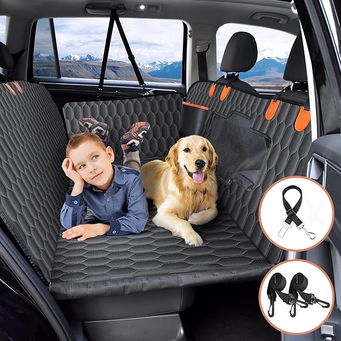 Back Seat Extender for Dogs-Supports 400lb,Waterproof Dog Car Seat Cover Hard Bottom-Detachable,600D Heavy Duty Scratch Proof Nonslip Soft,Dog Hammock for Car,SUVs-PawvioPets