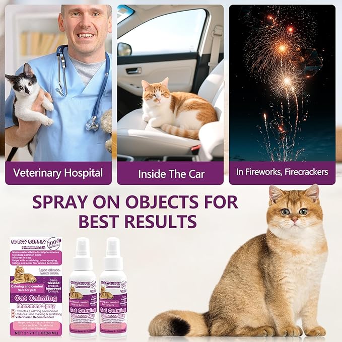 Cat Calming Pheromone Spray, Feline Calm Pheromones Spray- Anti Anxiety Pet Products, Cats Reduces Scratching Furniture Peeing Marking Calming Cat for Travel, Vet Visits - 60 Day Kit (2 * 60 mL)-PawvioPets