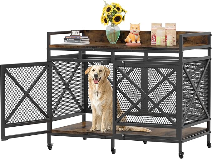 COZPAW Large Dog Crate Furniture, 48 Inch Wooden Dog Kennel for XLarge Dogs, Heavy Duty Dogs Furniture Indoor Wire Dog Cage with Caster Wheels, Decorative Pet House End Table, Brown-PawvioPets