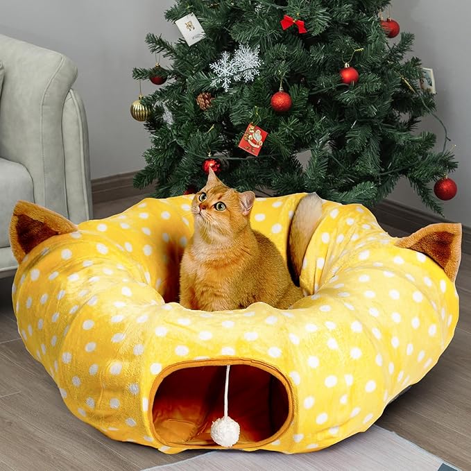 AUOON Cute Cat Donut Tunnel - Round Cat Tunnel Bed with Washable Cushion Interactive Cat Toy for Indoor Cats Kitten Kitty Puppy Rabbit Ferret (Yellow)-PawvioPets