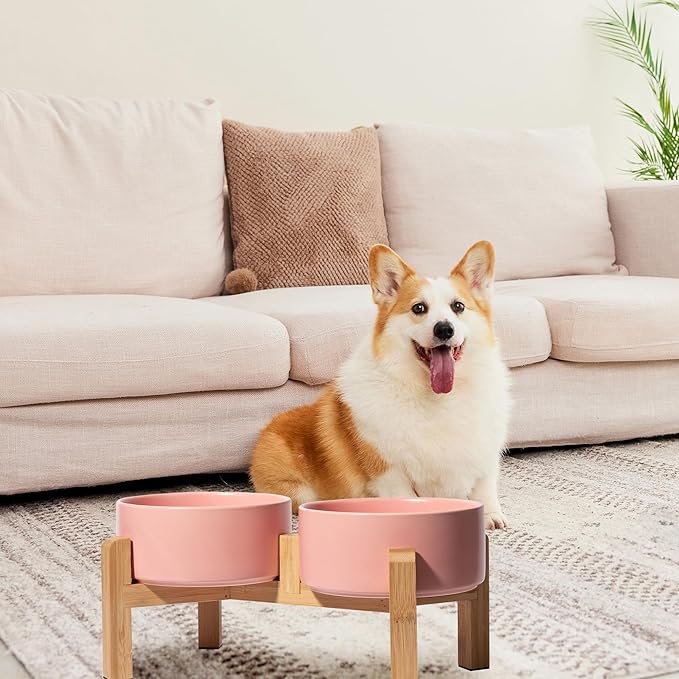 Elevated Ceramic Dog Bowl Set - Raised Dog Bowls with Non-Slip Bamboo Stand - Dog Food and Water Bowl Set - Double Dog Feeding Bowls - Suitable for Small and Medium Dogs - 28.74 OZ - 3.6 CUPS - 850 ML-PawvioPets
