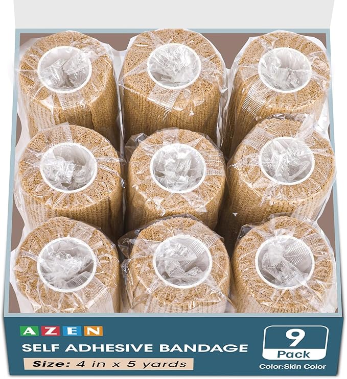 AZEN 9 Pack Self Adhesive Bandage Wrap, 4" X 5 Yards Elastic Cohesive Bandage Wrap, Skin Color Athletic Tape, Ankle Tape, Tattoo Grip Tape Wrap, Vet Wrap-PawvioPets