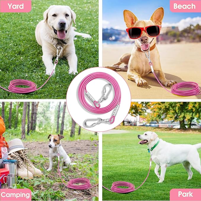 Dog Tie Out Cable for Outside,10FT Long Dog Leash&Chains with Swivel Hook,Small-Large Dogs Runner Cable for Yard,Heavy Duty Dogs Lead Line for Outdoor and Camping (500lbs 10FT, Pink)-PawvioPets