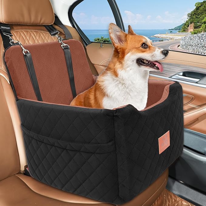 Dog Car Seat for Small/Medium Dogs Under 35lbs,Memory Foam Dog Booster Seats,Detachable and Washable Traval Pet Car Seat, Dogs Bed with 2 Safety Belts(Balck/Brown)-PawvioPets