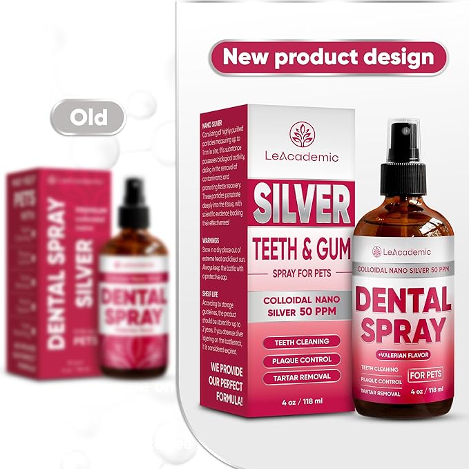 Dental Spray for Pets – Cat & Dog Breath Freshener That Helps with Tartar, Plaque, & Bad Odor – Silver 50 PPM + Valerian Flavour for Dog Teeth Cleaning – 4 Oz-PawvioPets
