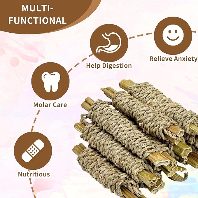Fhiny 12 PCS Rabbit Chew Sticks, Natural Papaya Wood Seagrass Guinea Pig Chew Toys for Teeth Small Animal Molar Sticks Snacks for Bunny Guinea Pig Chinchilla Ferret Hamster Gerbil Dental Care-PawvioPets