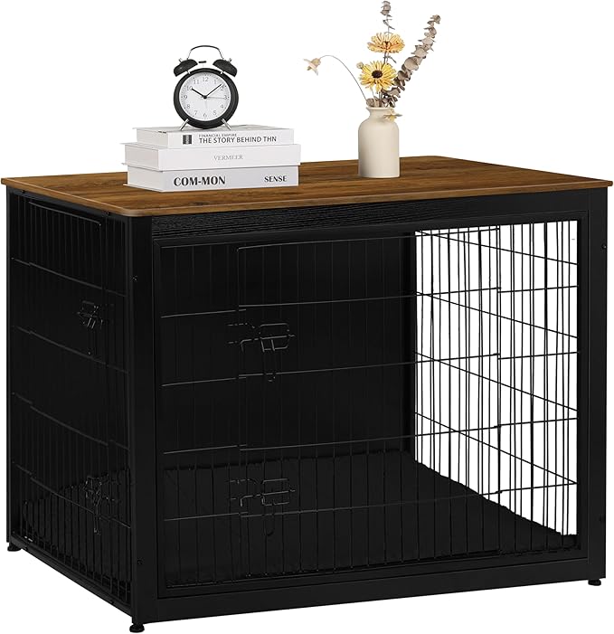 DWANTON Dog Crate Furniture with Cushion, Wooden Kennel Table with Double Doors, Indoor Dog House, Extra Large Size, 43.3" L, Black+Warm Brown-PawvioPets