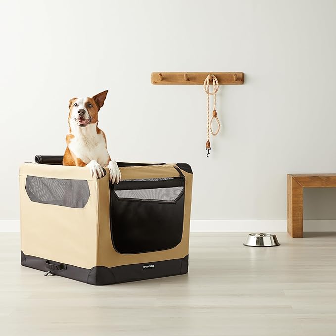 Amazon Basics Folding Soft Crate for Cat, Dog, Rabbit, Portable and Collapsible, 36 Inch, Tan, L 36" x 24" x 24"-PawvioPets