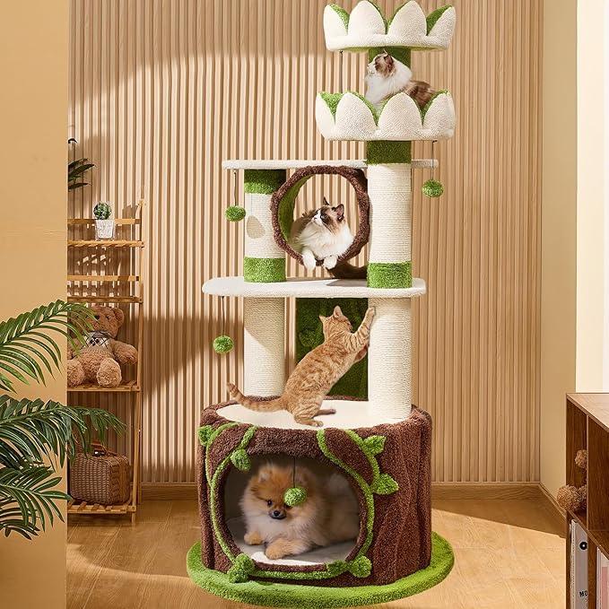 73‘’ Tall Flower Cat Tree for Indoor Cats Large Adult, Luxury Cat Tower with Scratching Post, Heavy Duty Modern Cat Furniture for Large Cats, Removable Mats, Multi-Level Cat House with Toy Ball-PawvioPets