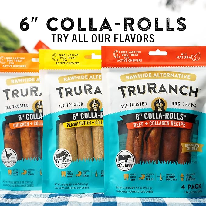 Collagen Rolls - 6" Collagen Rolls for Dogs - Long Lasting Healthy Joint Support Dog Treat - Rawhide Alternative - Skin & Coat Health - Made with Real Peanut Butter, 1 Bag, 4 Count-PawvioPets