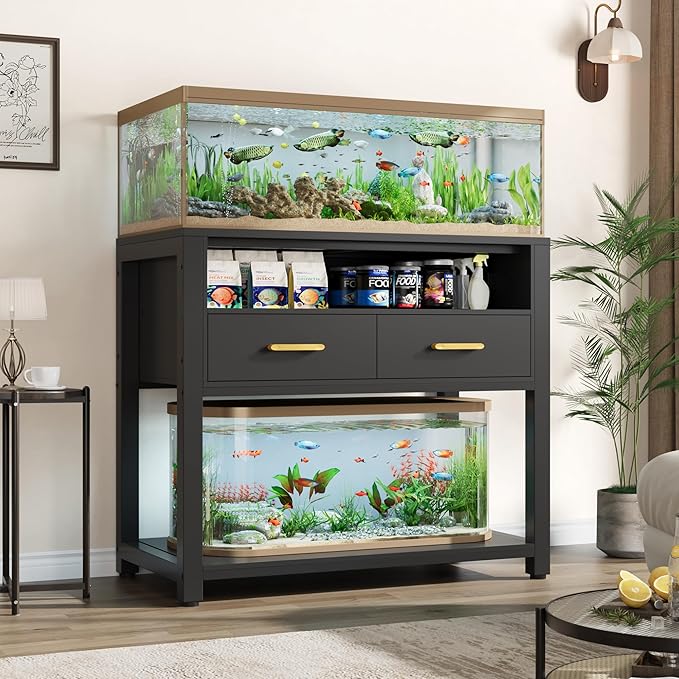 40-50 Gallon Aquarium Stand with Stable Metal Frame & Power Outlet, Heavy-Duty Fish Tank Stand with Waterproof Mat, 800LBS Capacity Storage Cabinet, Suitable for Turtle Tank, Reptile Terrarium, Black-PawvioPets