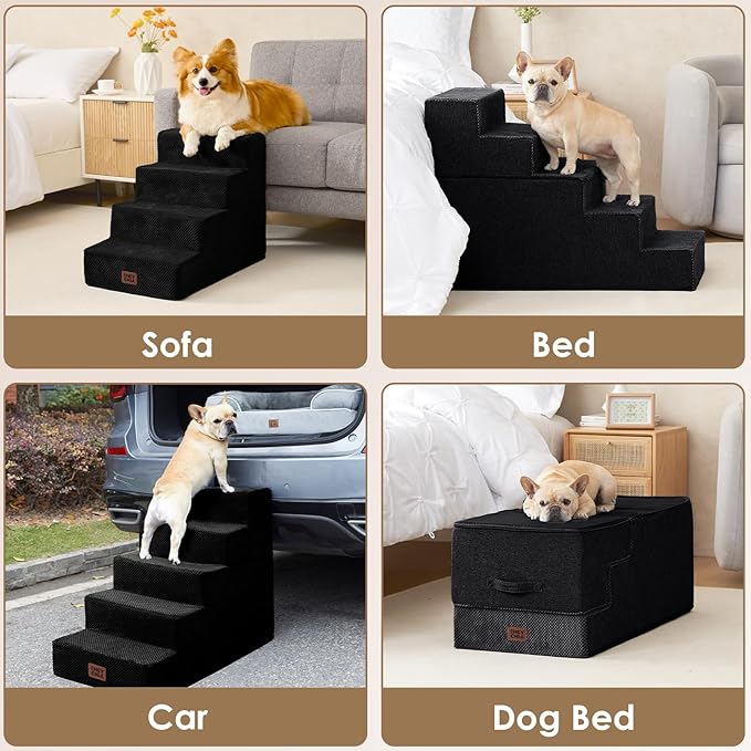 EHEYCIGA Dog Stairs for High Bed 25" H, 5-Step Extra Wide Dog Steps for Bed, Pet Steps for Small Dogs and Cats, Non-Slip Balanced Pet Ramp Indoor, Black-PawvioPets