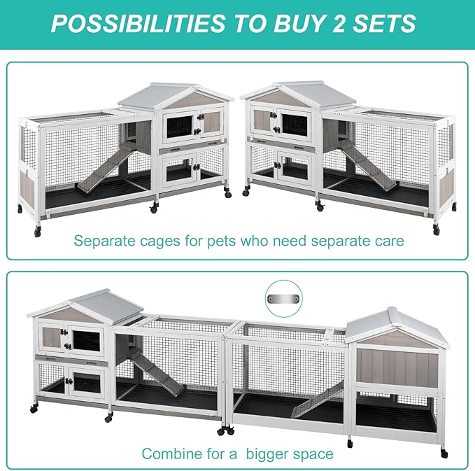 2-Tier Rabbit Hutch with Wheels, Indoor & Outdoor Small Animal Cage with Deep Pull-Out Tray, Anti-Chew Frame, Habitat for Bunny, Guinea Pig, Chinchilla (60" L x 19" W x 35" H)-PawvioPets