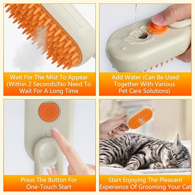 4-in-1 Cat Grooming Steam Brush, Pet Hair Shedding, Massage, Cleaning, Combing (brown)-PawvioPets