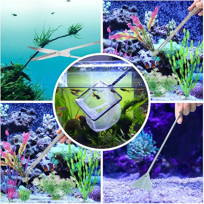 7 in 1 Aquarium Aquascape Tool Kit 15 inch, Aquatic Plant Extra Long Aquascaping Tool for Aquarium Fish Tanks Clean Accessories Set with Silver Tweezer Scissor Spatula, Fish Net, PH Paper, Bag-PawvioPets
