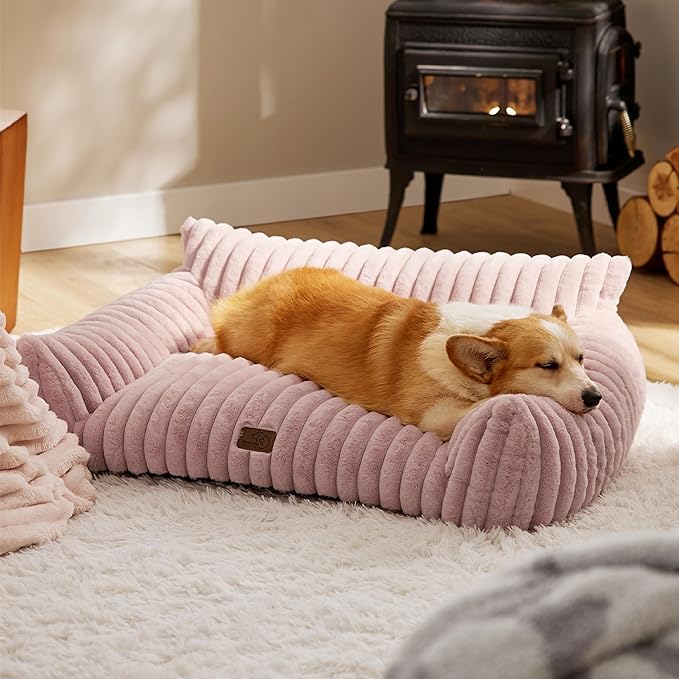 Bedsure Cute Dog Couch for Pets - Fluffy Dog Sofa with Premium Soft Corduroy Fleece, Pet Couch Bed with Washable Cover, Supportive Pet Sofa Bed for Medium Large Dogs, 36inch, Blush Pink-PawvioPets