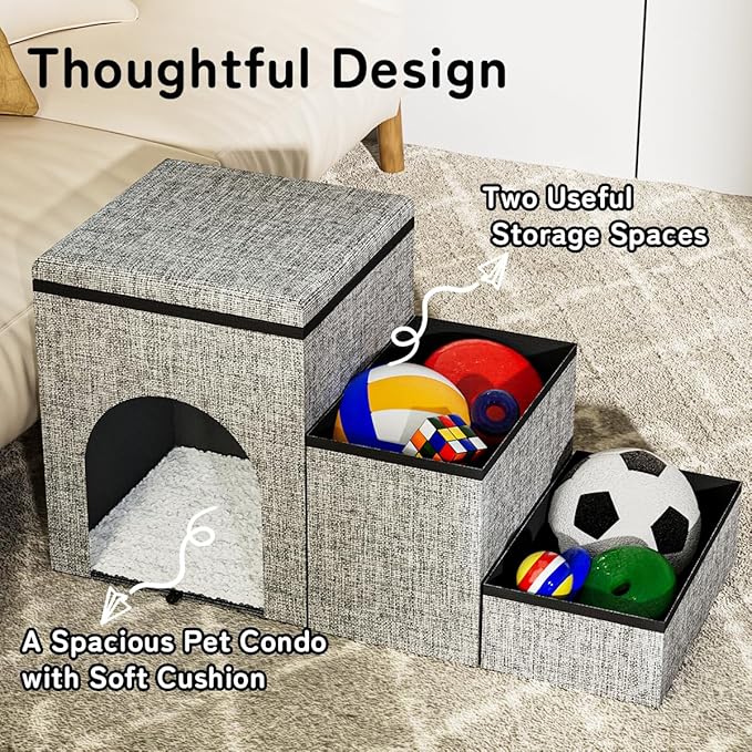 Dog Stairs with Storage, 3-Step Wider Dog Steps with Condo for Dogs and Cats, Pet Stairs for High Bed Climbing, Grey-PawvioPets