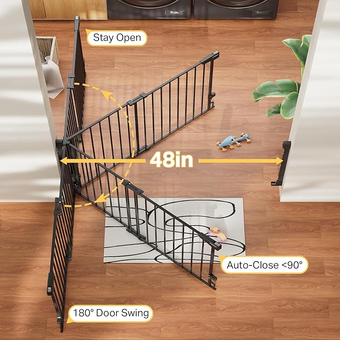 Cumbor 31.6-48" No Bottom Bar Baby Gate for Stairs, 2-in-1 Auto Close Dog Gate Indoor, Hardware Mounted Pet Gate for Doorways with Large Walk Thru Door, Child-Proof Safety Gate for Kids (Black)-PawvioPets