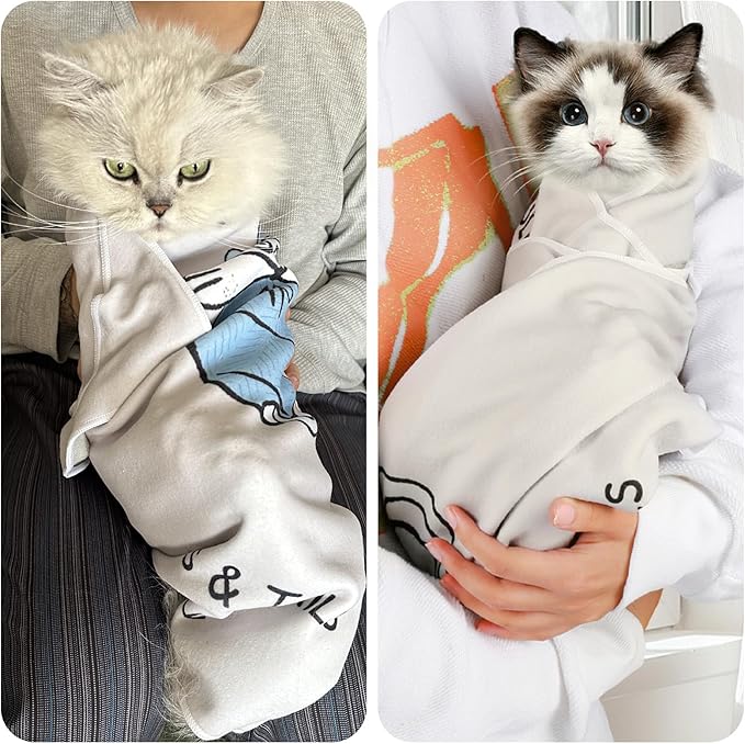 Cat Grooming Wrap: Premium Cat Wrap for Cutting Nails 2025 Thicker Upgraded, Self-Adherent Texture Hand Pocket Designed for Anti-Bite/Scratch, Eco-Friendly Dyed Funny Instruction & Pattern (Size L)-PawvioPets