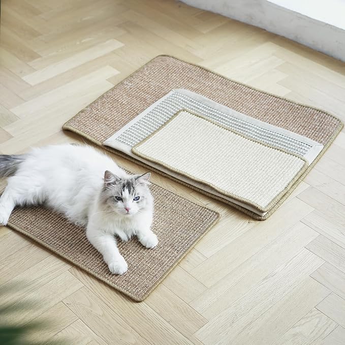 FUKUMARU Cat Scratcher Mat, 23.6 X 15.7 Inch Natural Sisal Cat Scratch Mats, Horizontal Cat Floor Scratching Pad Rug, Protect Carpets and Sofas (Cream - Thicken)-PawvioPets