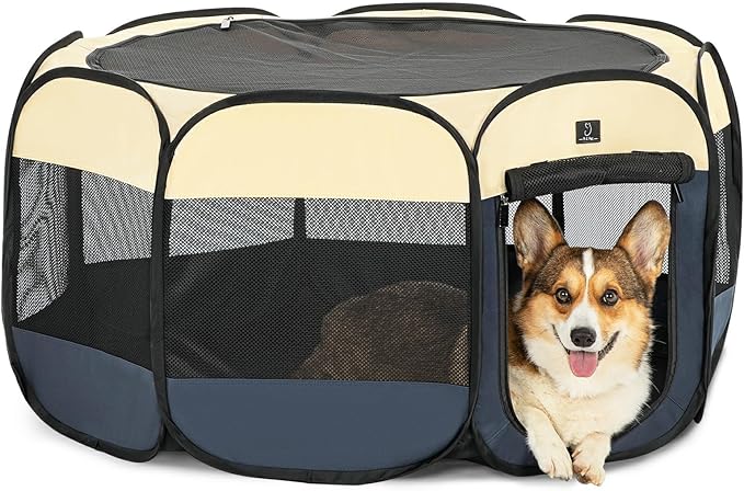 A4Pet Collapsible Playpen, 39.5” Portable Dog Playpen with Bowl, Suitable for Puppies, Kittens, and Small Animals, Removable Zipper & Mesh Panel(16”W × 10”H)-PawvioPets