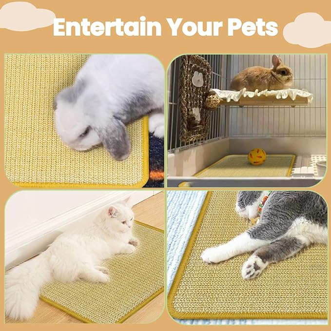 DYAUS Bunny Scratch Pads, Natural Sisal Rabbit Scratching Mats for Claws and Teeth Care, Indoor Bunny Chew Toys Bunny Bed for Biting Sleeping Nesting (3PCS, 16x12in)-PawvioPets
