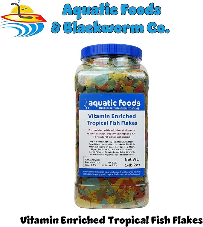 Aquatic Foods Inc. Premium Vitamin Enriched Tropical Fish Flakes, Vitamin Pack, Krill, Color Enhancing, Spirulina Flakes for All Tropical Fish Also Pellet Mix, Wafer Mix Included…1-lb 2oz-PawvioPets
