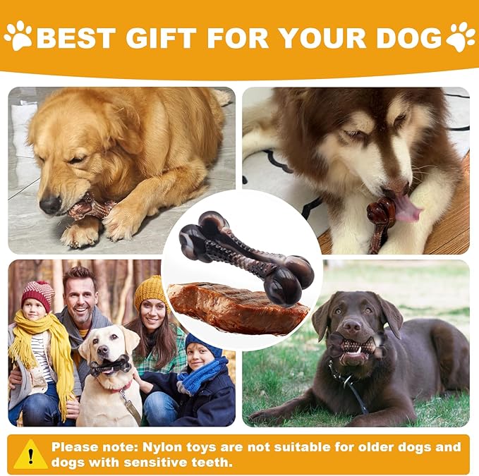 Dog Chew Toys for Aggressive Chewers, Tough Chew Toys for Dogs Large Small Medium, Indestructible Dog Bone Toy For Chewer, Durable Nylon for Puppy Dogs Teething Toy to Keep Them Busy,Beef Flavor Gift-PawvioPets