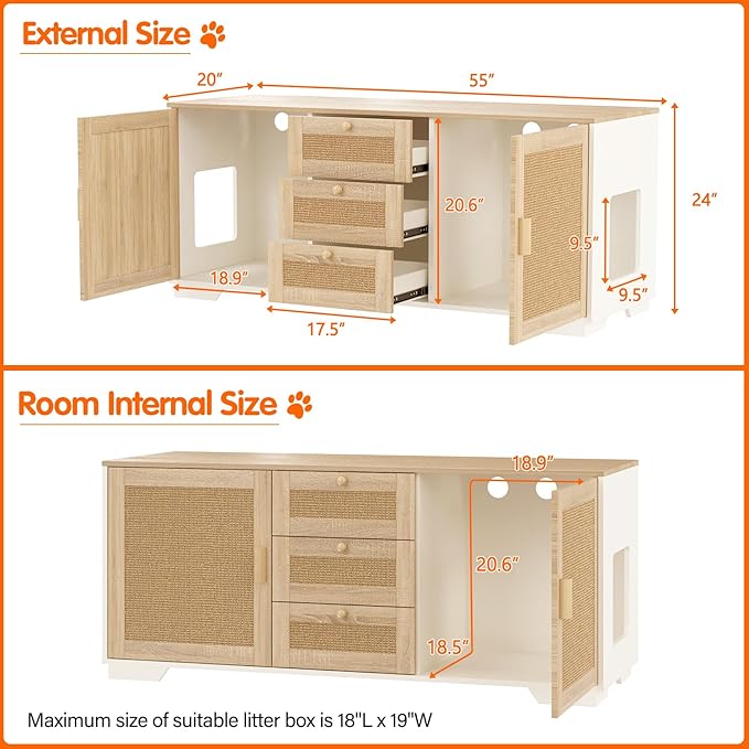 Cat Litter Box Enclosure Furniture Hidden Indoor 2-in-1 Wooden Cat & Washroom Cabinet with Scratching Board Doors and 3 Drawer for 2 Cats, 55"x20"x24"H-PawvioPets