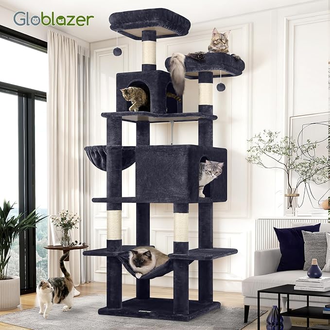 Globlazer Cat Tree Tower, 76-Inch Extra Tall Multi-Level Cat Furniture with Cozy Condos, Hammock and Perches for Adult Cats, Perfect for Climbing, Scratching, and Play, F76, Dark Grey-PawvioPets