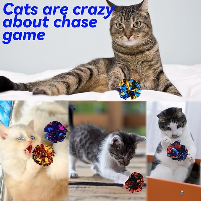 Cat Crinkle Ball Toys 10 Packs for Indoor Cats to Kill Time and Keep Fit, 2.3 Inch Colorful Mylar Crinkle Balls Attract Cats to Swat, Bite, Hunt, Interactive Toys for Cats and Kittens-PawvioPets