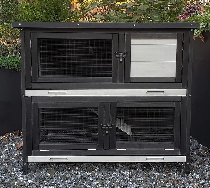 Double Level Solid Wood Rabbit Hutch Small Animal Cage for Rabbits, Guinea Pigs, Hedgehogs & Lizards Indoor/Outdoor– 2-Tier Eco-Friendly Habitat with Bedding Area, Durable & Easy to Clean-PawvioPets