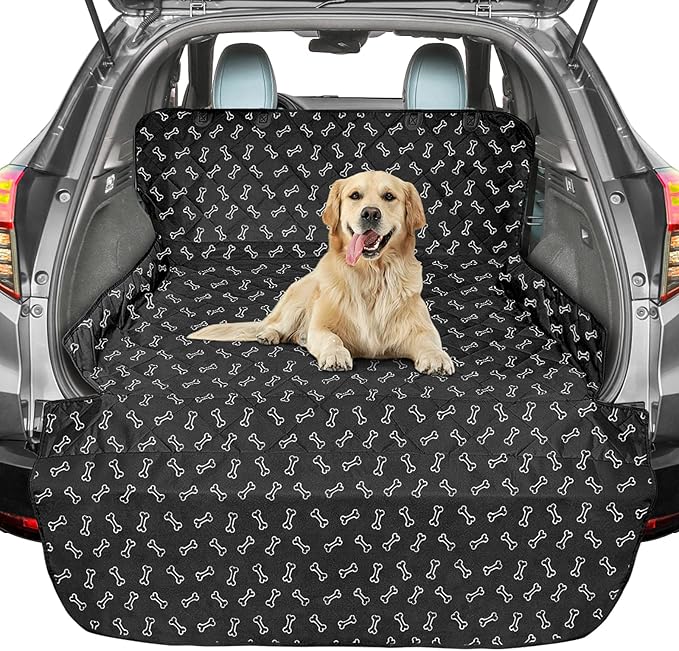 F-color SUV Cargo Liner for Dogs, Water Resistant Pet Cargo Cover Dog Seat Cover Mat for SUVs Sedans Vans with Bumper Flap Protector, Non-Slip, Large Size Universal Fit, Bone-PawvioPets