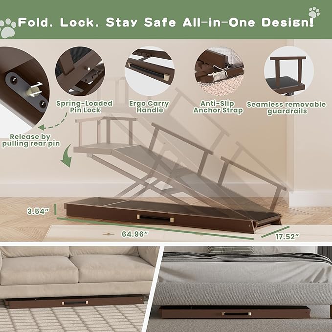6 Level Height Adjustable Dog Ramp for Bed, Couch 65" Foldable Pet Ramp with Non-Slip Matļ¼DIY Glow Strips & Rest Platform Heavy Duty Dog Stairs for Large Dogs up to 200Lbs ļ¼Brown-PawvioPets